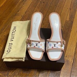 Vintage Murakami Louis Vuitton Women's White and Pink Mule Heels